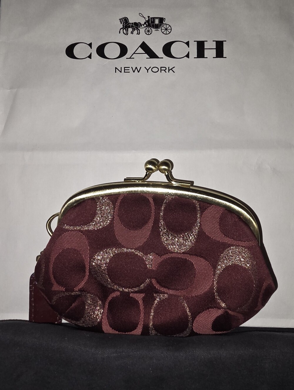 Y2K Coach Lurex Burgundy Signature & Bow Kisslock Coin Purse/pouch - Picture 2 of 5
